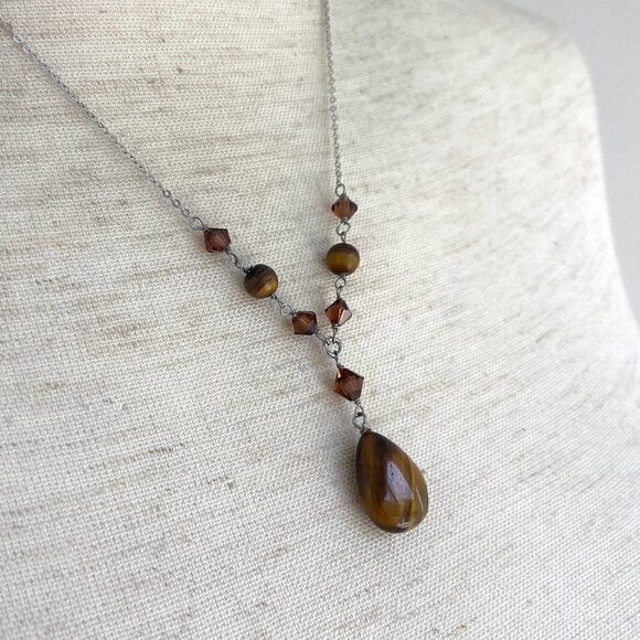 Sterling Silver 925 Beaded Tigers Eye Teardrop Pendant Necklace 18" Cable Chain - Picture 5 of 16